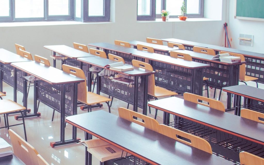 Row of desks in a classroom