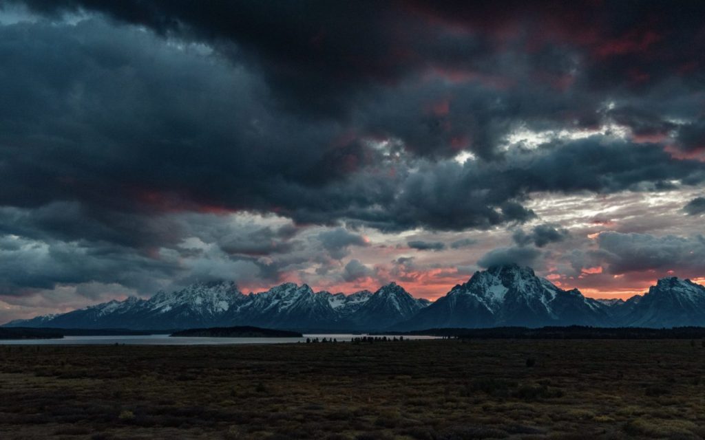 storm, mountains, red sunset