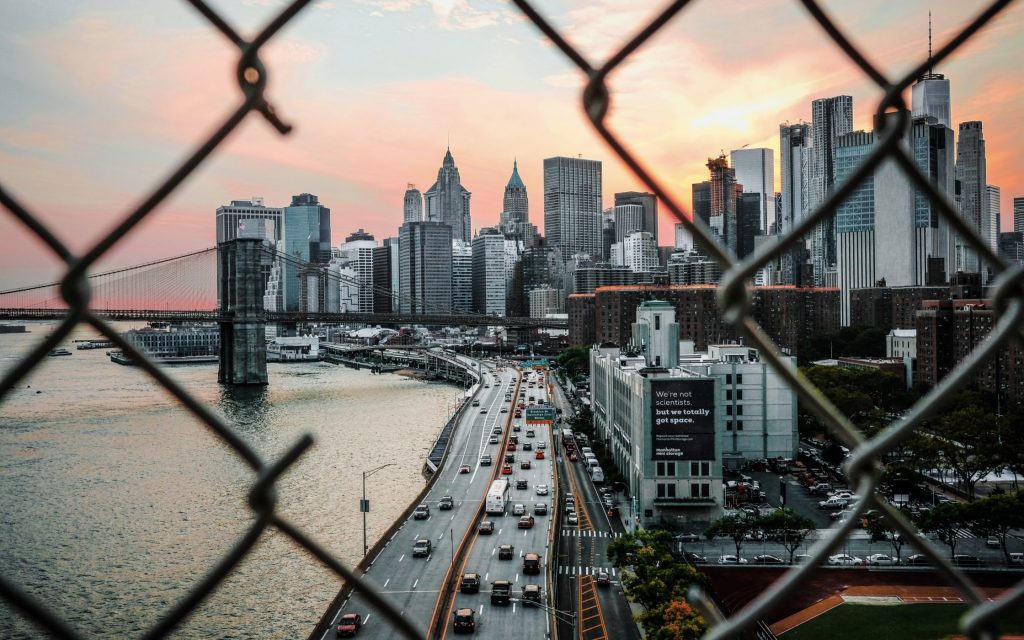New York City through chain link fence